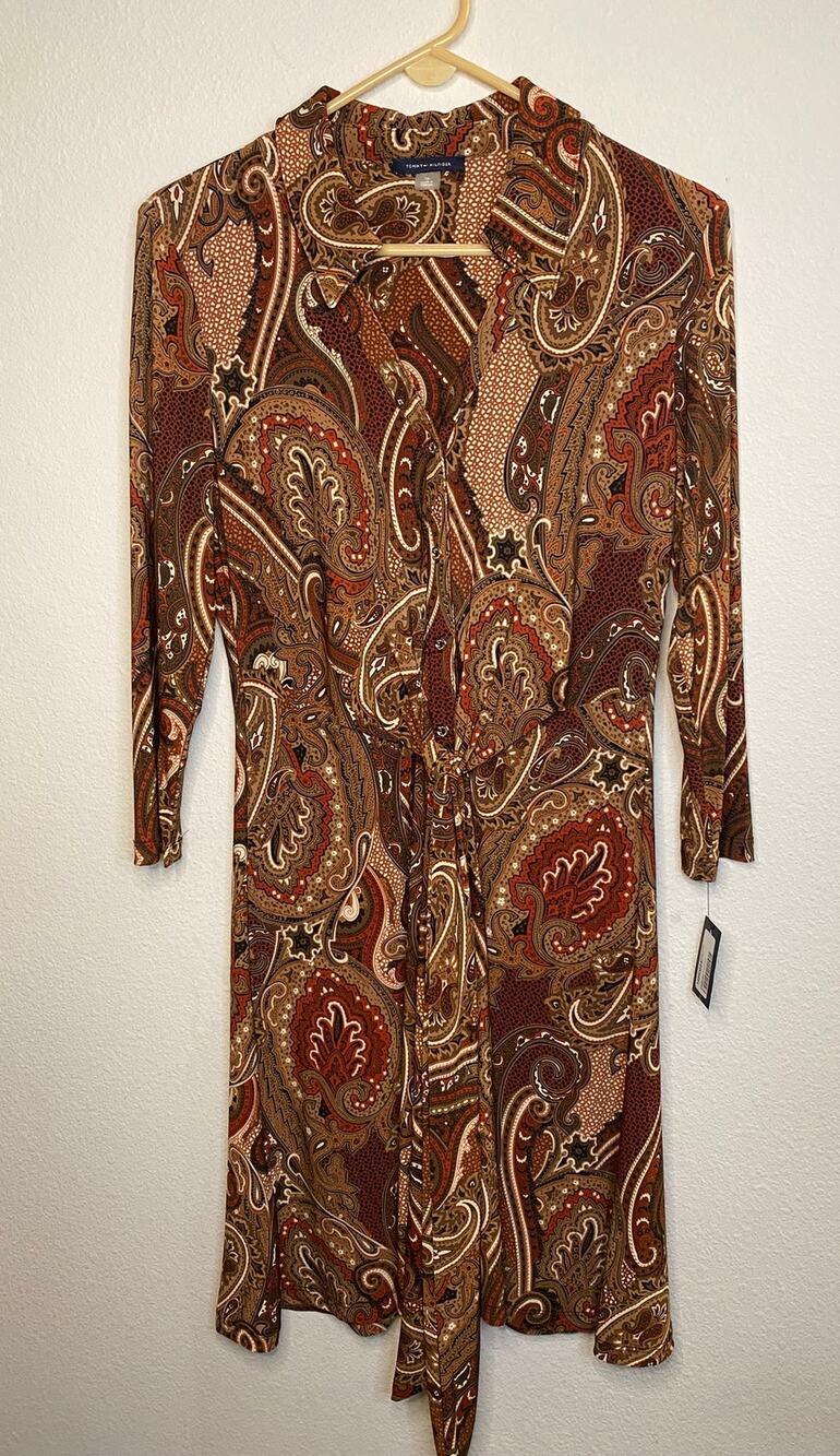 Tommy Hilfiger Paisley Shirtdress Women’s 10 Brown Polyester Belted Boho NWT
